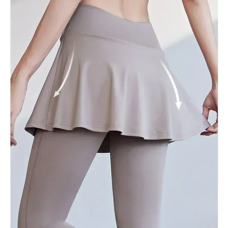 النساء اليوغا التنس التنانير عالية الخصر وهمية قطعتين الرياضة طماق اللياقة البدنية الصالة الرياضية سريعة الجافة تنورة رياضية الجري يغطي الرجل #6