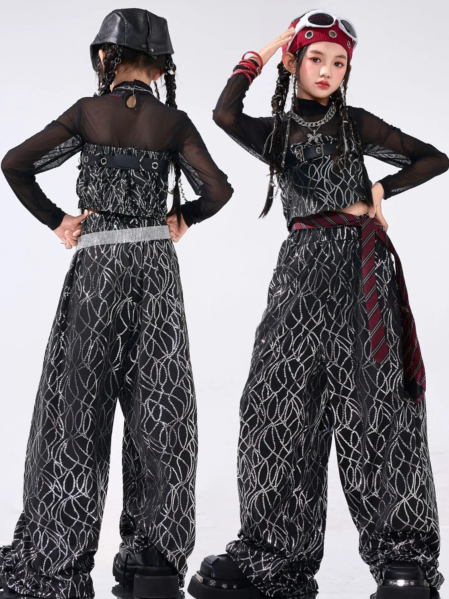 

Kid Kpop Hip Hop Clothing Black Sequined Crop Tank Top Casual Wide Leg Pants for Girls Jazz Street Dance Wear Costumes Clothes
