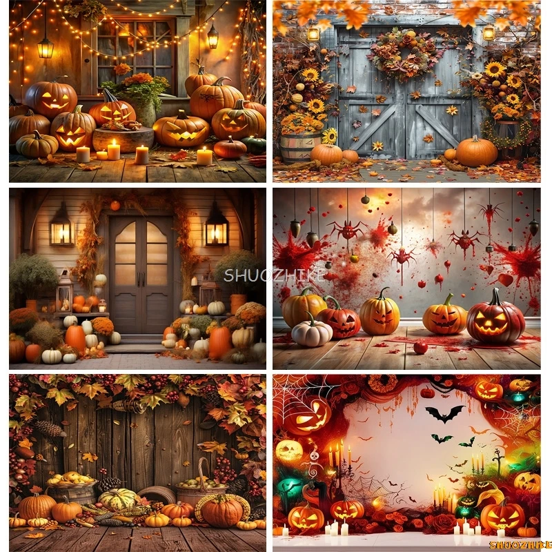 

Halloween Day Autumnal Pumpkins Photography Backdrops Props Maple Leaf Scarecrow Farm Harvest Thanksgiving Background RR-20