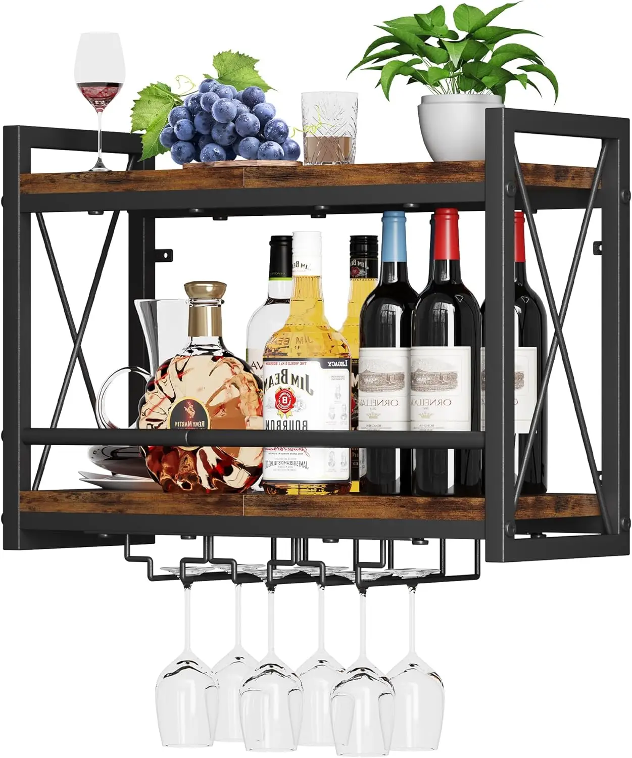 

Wall Mounted Wine Rack, Bottle & Glass Holder Wood-Metal Retro Wine Rack, Wine Bottles Display Wall Storage for Kitchen