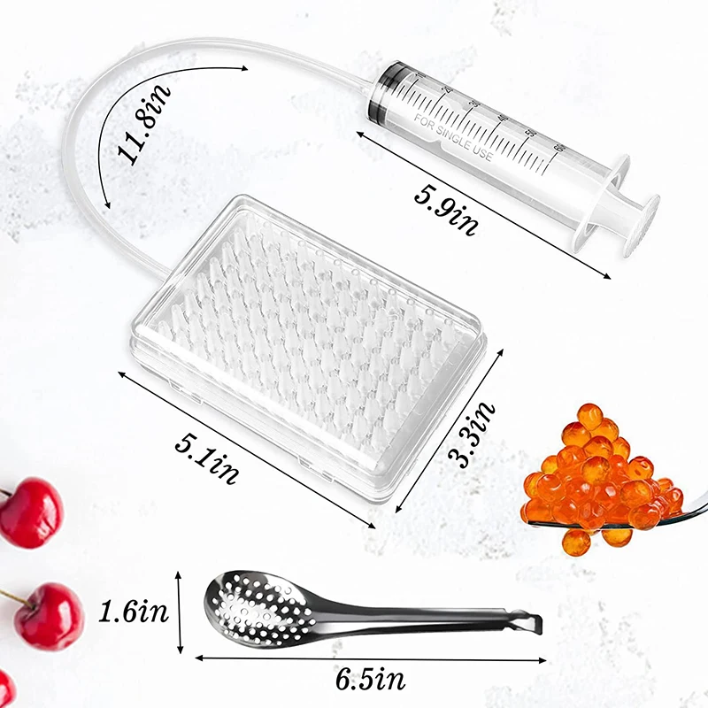 Molecular Gastronomy Kit, Caviar Maker Box Spherification Dropper, 96-Hole Roe Sauce Dispenser Strainer Tools with Spoon Syringe