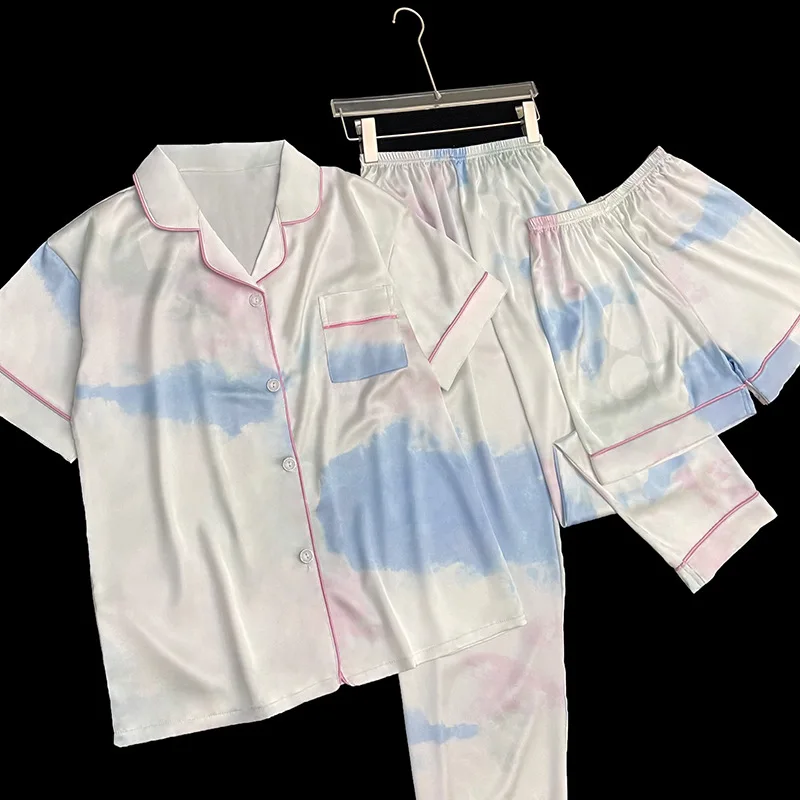 Women\'s 3 Piece Pajamas Set Print Pijama Faux Silk Satin Pyjama Female Sleepwear Short Sleeve Lapel Shirt Pants Shorts Homewear