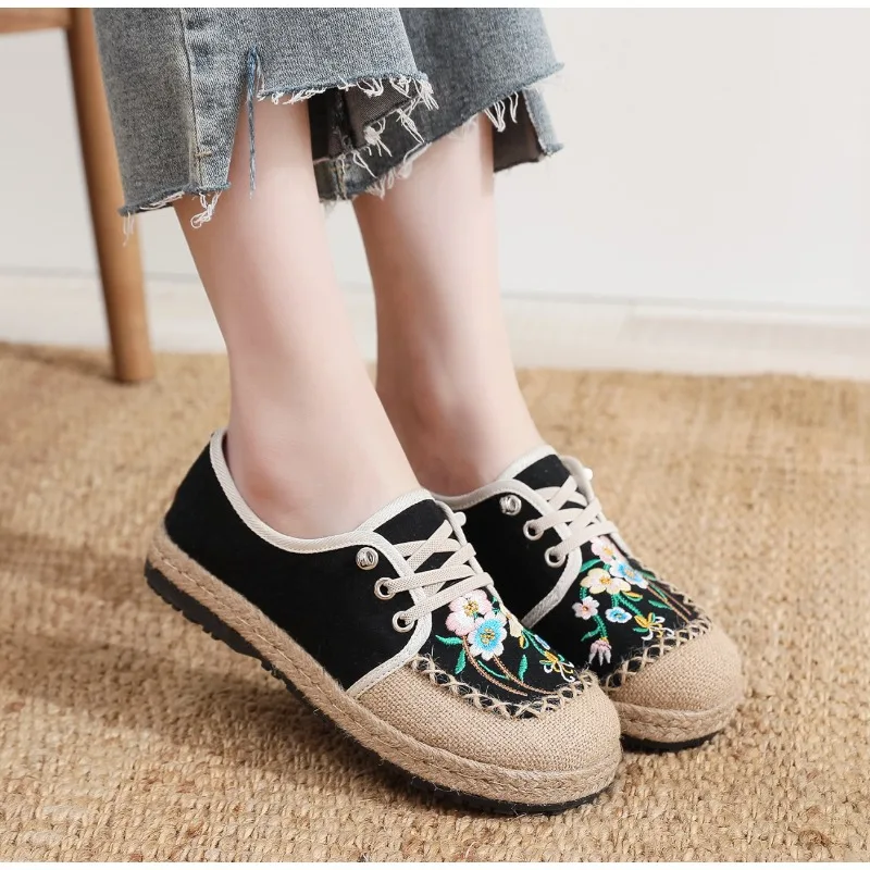 Careaymade-Hot Flats Women Shoes Embroider Retro Lace-up Round Toe Cotton Linen New Handmade Concise Comfortable Ladies Shoes