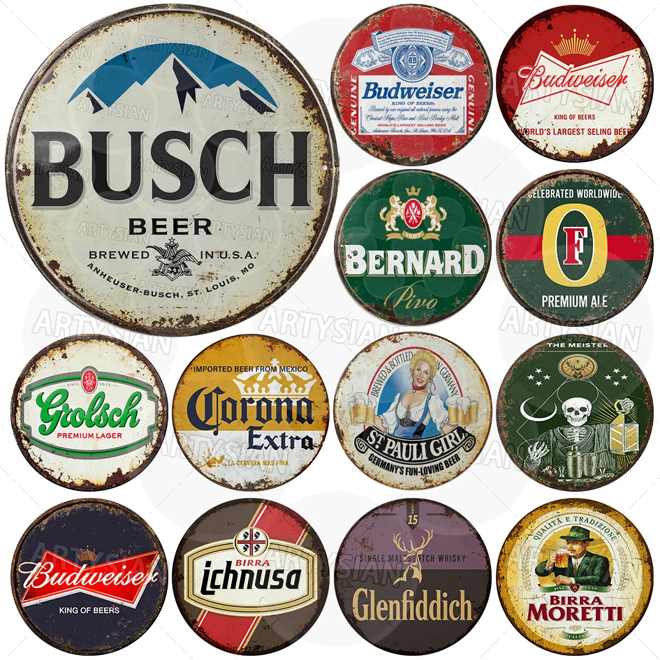 Cafe Pub Bar Drink Ads Retro Metal Sign Beverage Alcohol Spirit Beer Wine Vintage Round Metal Plaque Garage Workshop Wall Decor