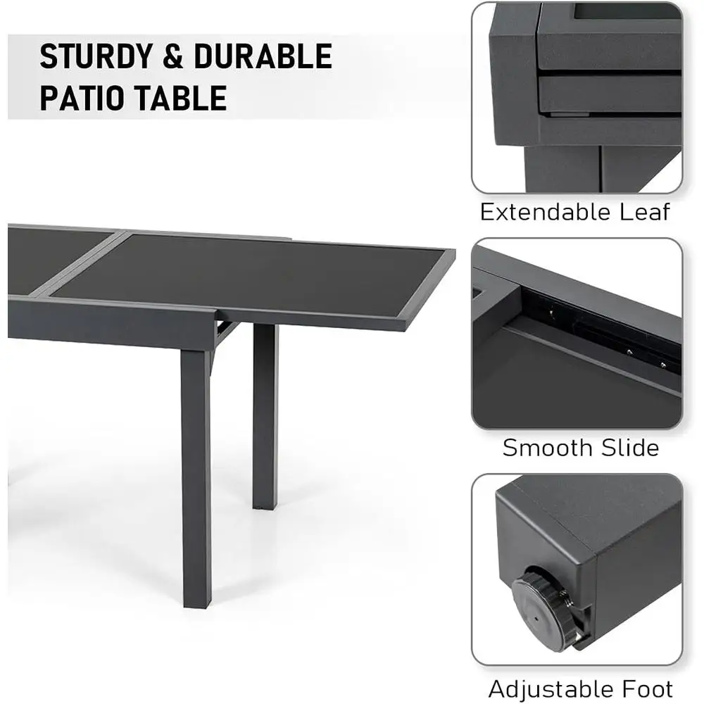 Outdoor Aluminum Extendable Dining Table Glass Top Patio Garden Backyard Bistro Dining Durable Weather Resistant Easy Assembly