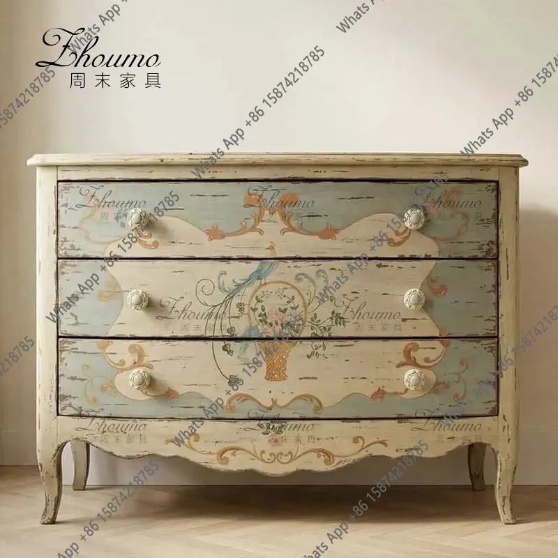 

French retro solid wood three-bucket cabinet antique master bedroom painted locker drawer living room decorative cabinet