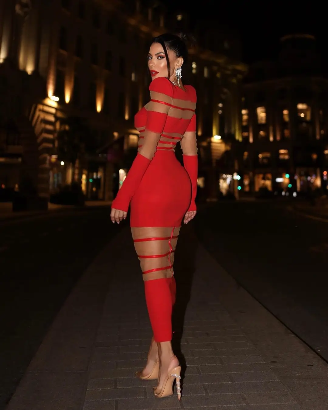 Red Black White Color Women Long Sleeve Sexy Mesh Bodycon Long Dress Nightclub Party Fashion High Street Photo Shoot Dress