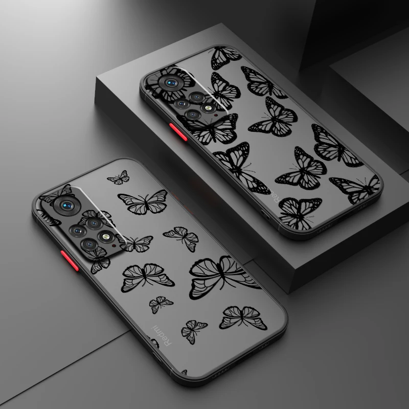 Butterfly Art Clock Design Frosted Translucent For Redmi Note 13R 13 12 12S 12T 11 11T 11E 10 Pro Plus 5G Cover Phone Case