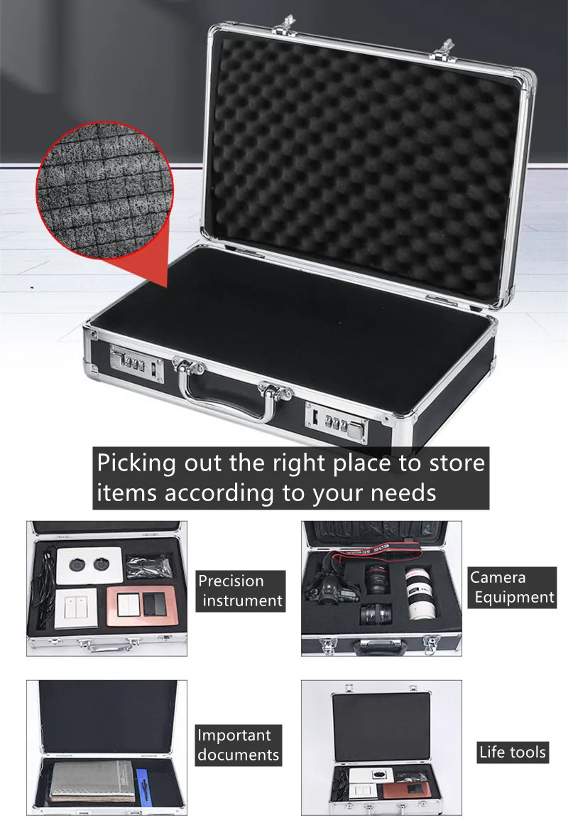 Aluminum Tool Box with Password Lock Portable Instrument Case Safety Protector Organizer Aluminum Hard Case Suitcase with Sponge