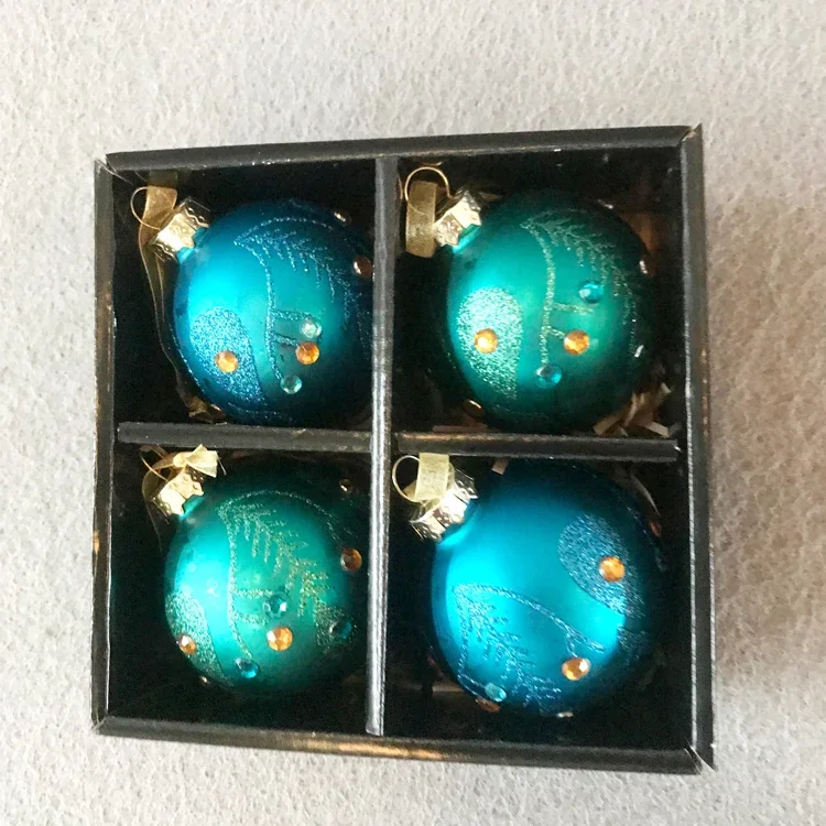 Christmas decoration glass pendant gift foreign trade shopping mall store layout 6.5cm peacock feather ball 4pcs