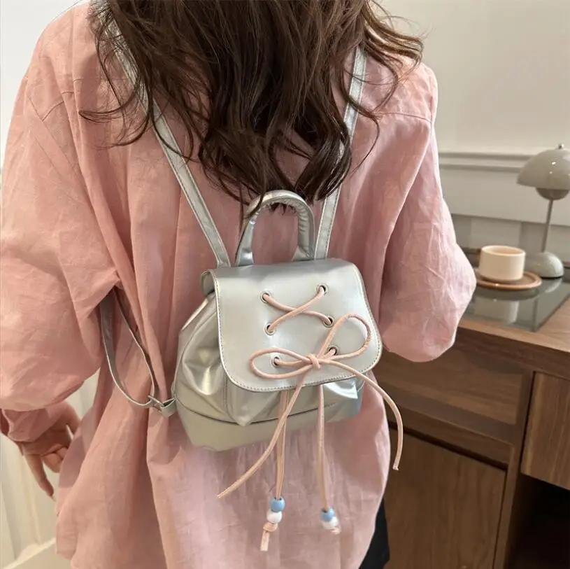 Women's Bow Casual Drawstring Backpack Handbag Female Ballet Style Fashion Student Lightweight Travel Backpack Shoulder Bag