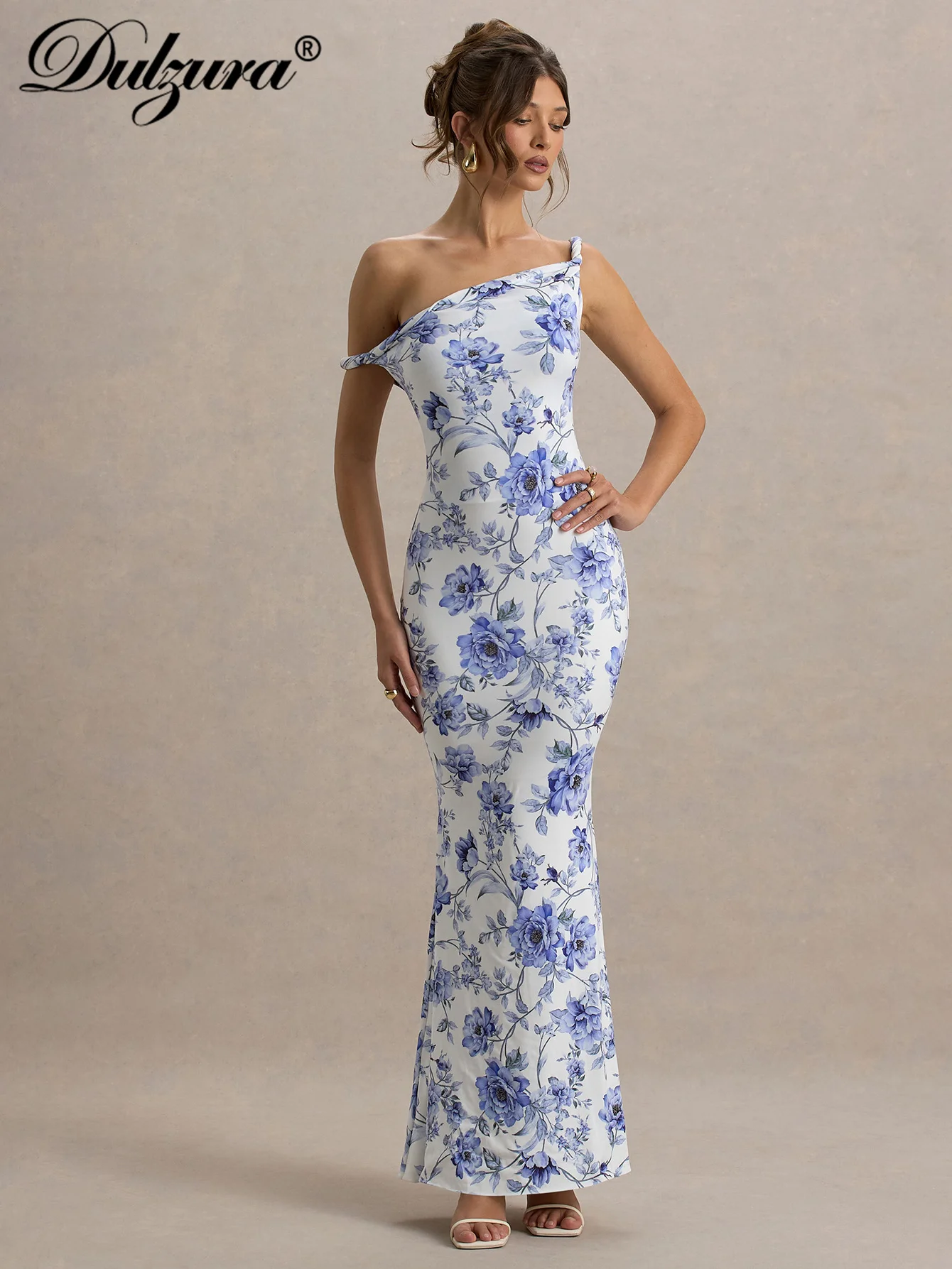 Dulzura Schräge Schulter, ärmellos, rückenfrei, figurbetont, Blumendruck, langes Kleid, sexy, elegantes Freizeitkleid, Party, Club, Sommer-Outfit