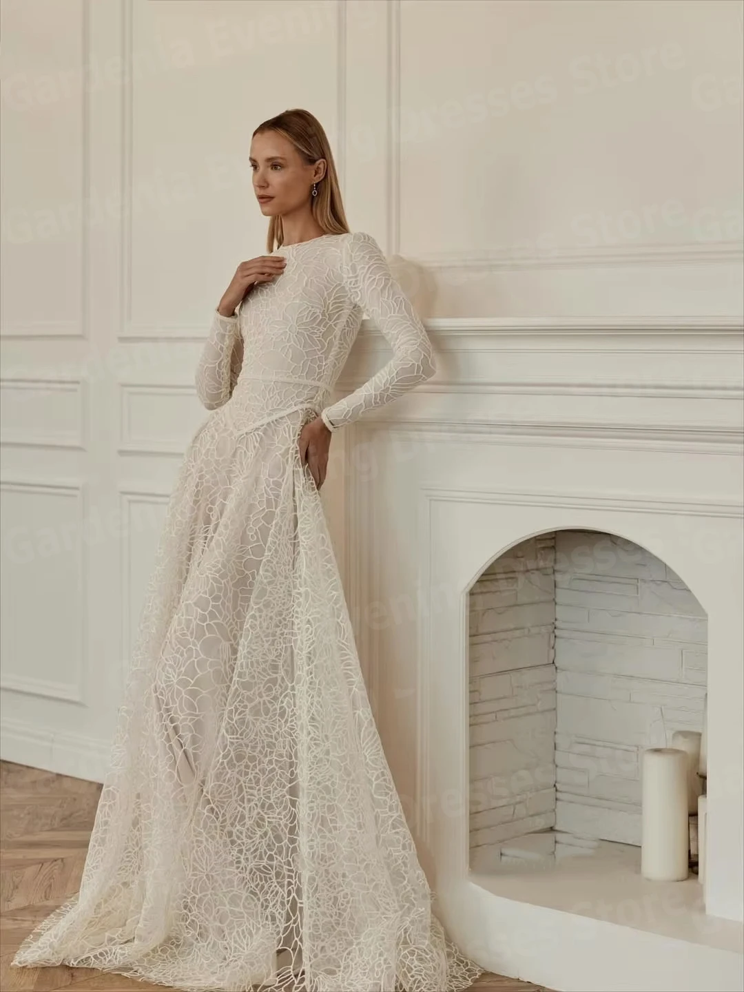 Charming A Line Women's Evening Dresses Elegant O Neck Lace Prom Gowns Vestidos Para Mujer Customized Long Sleeve Robe De Soirée image 2