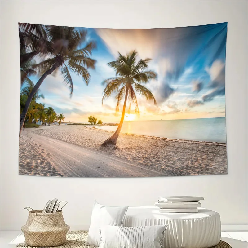 Luxury Tropical Beach Sunset Wall Tapestry Hanging Decor Art Waterproof Ocean Paradise Palm Tree Mural Print for Living Room Bed