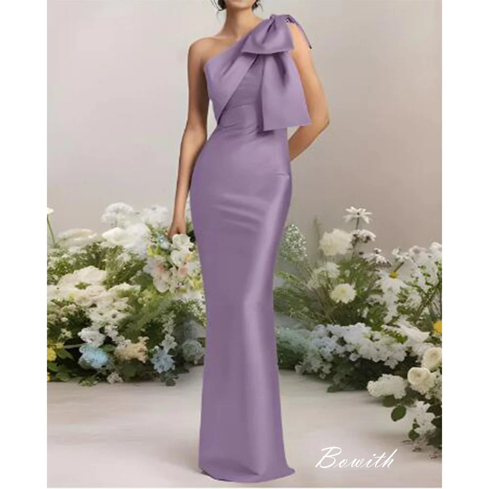 

Bowith Bow One Shoulder Mermaid Evening Dress Satin Elegant Floor Length Prom Dress with Back Slit Wedding Dress for Bridesmaid