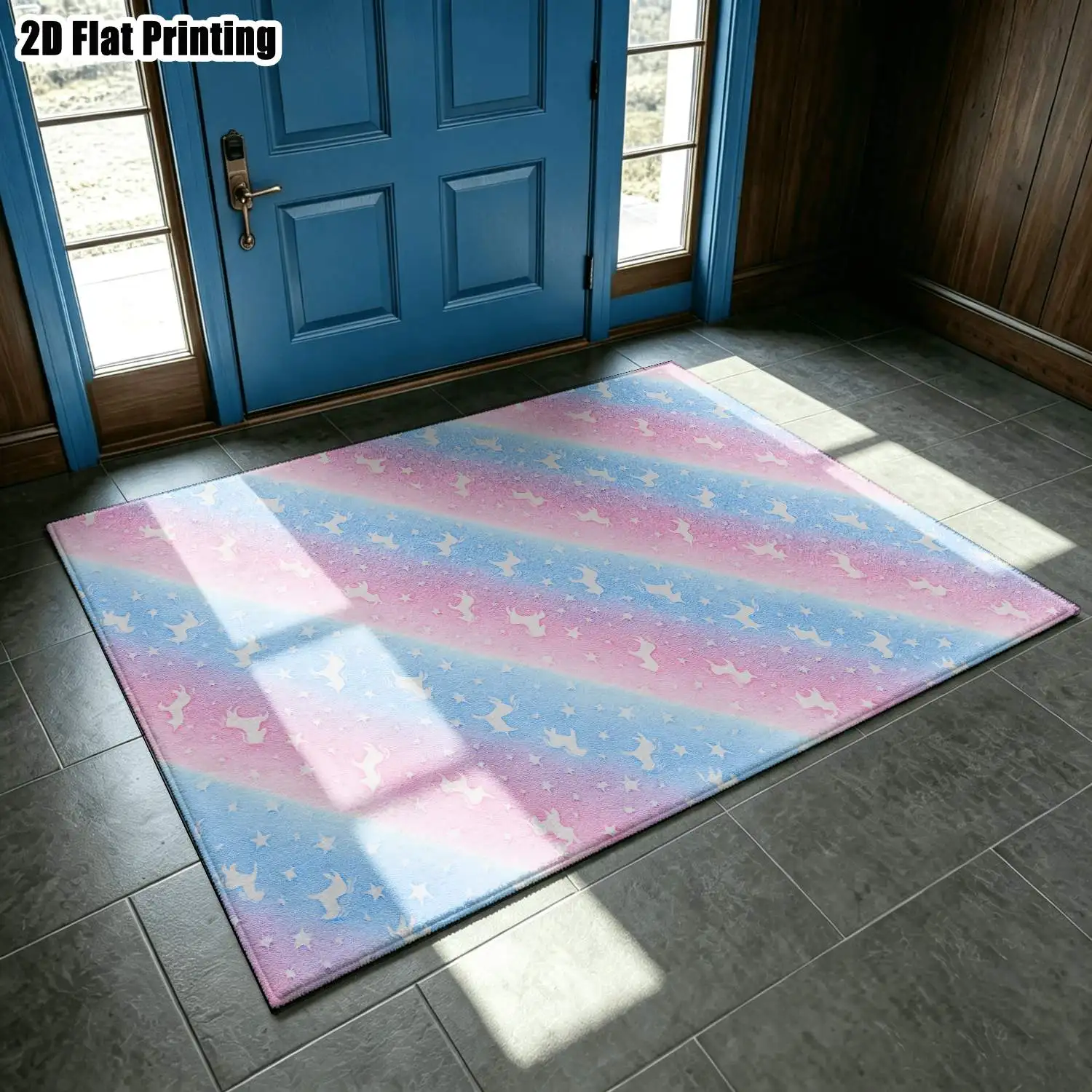 1Pc 2D Printed Carpet: Pink-Blue Gradient Unicorn & Star Pattern Nordic/Instagram-Inspired Minimalist Geometric Striped Fresh and Cute Home Decor Mat, Multi-Size, Machine Washable, for Entryway, Dining Room, Foyer, Bedroom, Living Room, Study.