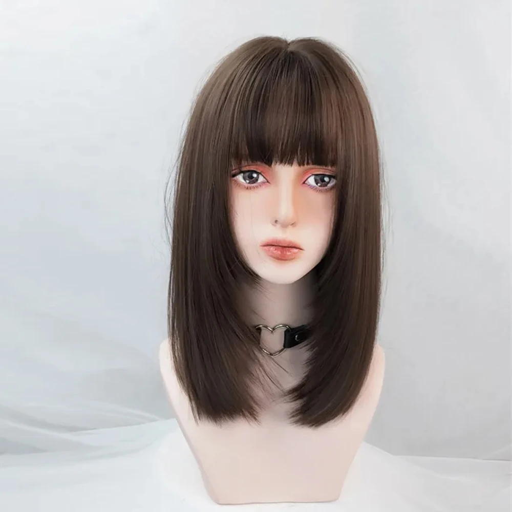 Women\'s Daily Wig with Bangs Medium Length Dark Brown Straight Wig Synthetic Fluffy Lolita Cosplay Hair Wig