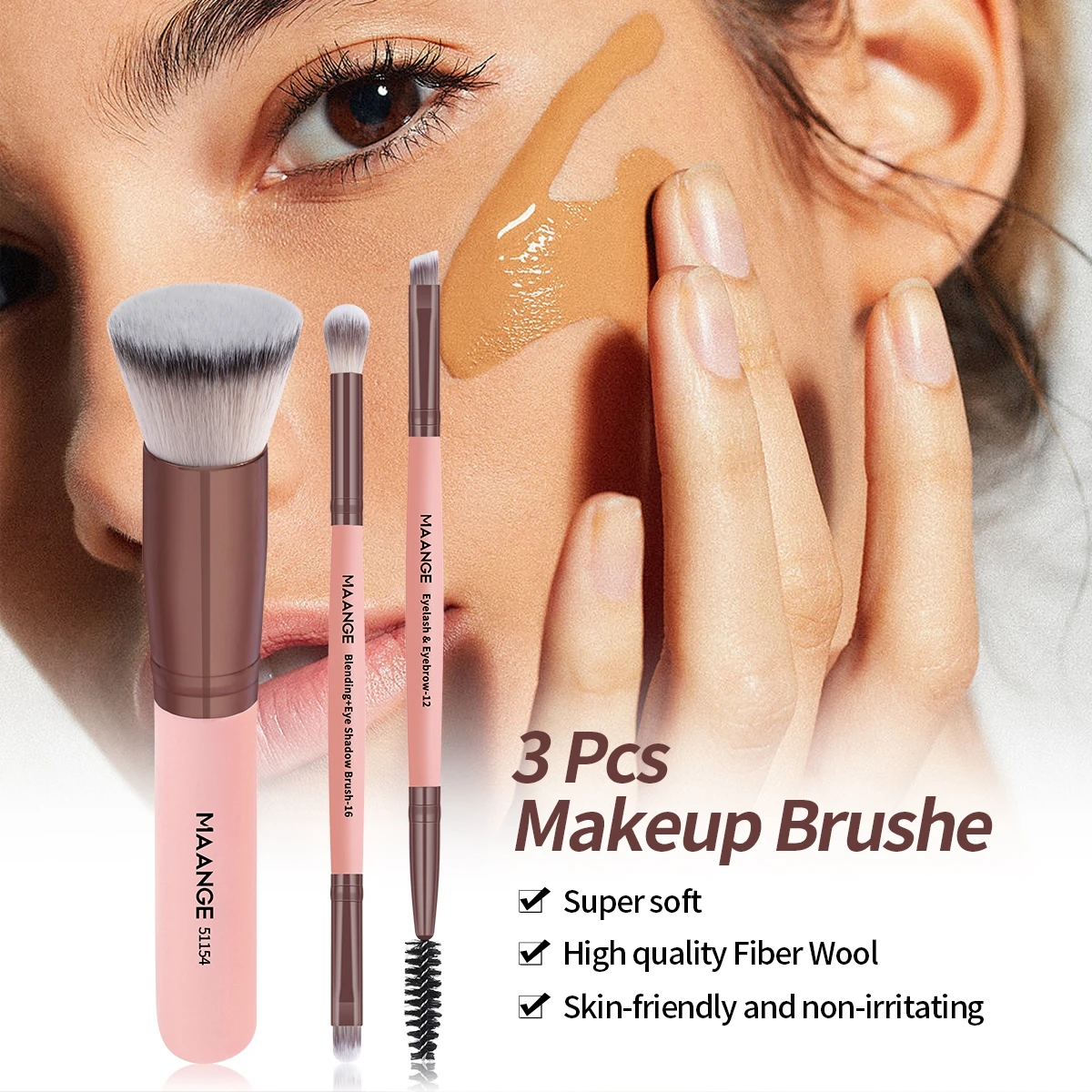 MAANGE 3pcs Makeup Brushes Set Foundation Brush Complexion Brush Cream Eye Shadow Brush Set Gift for Mother Day, Wife, Women