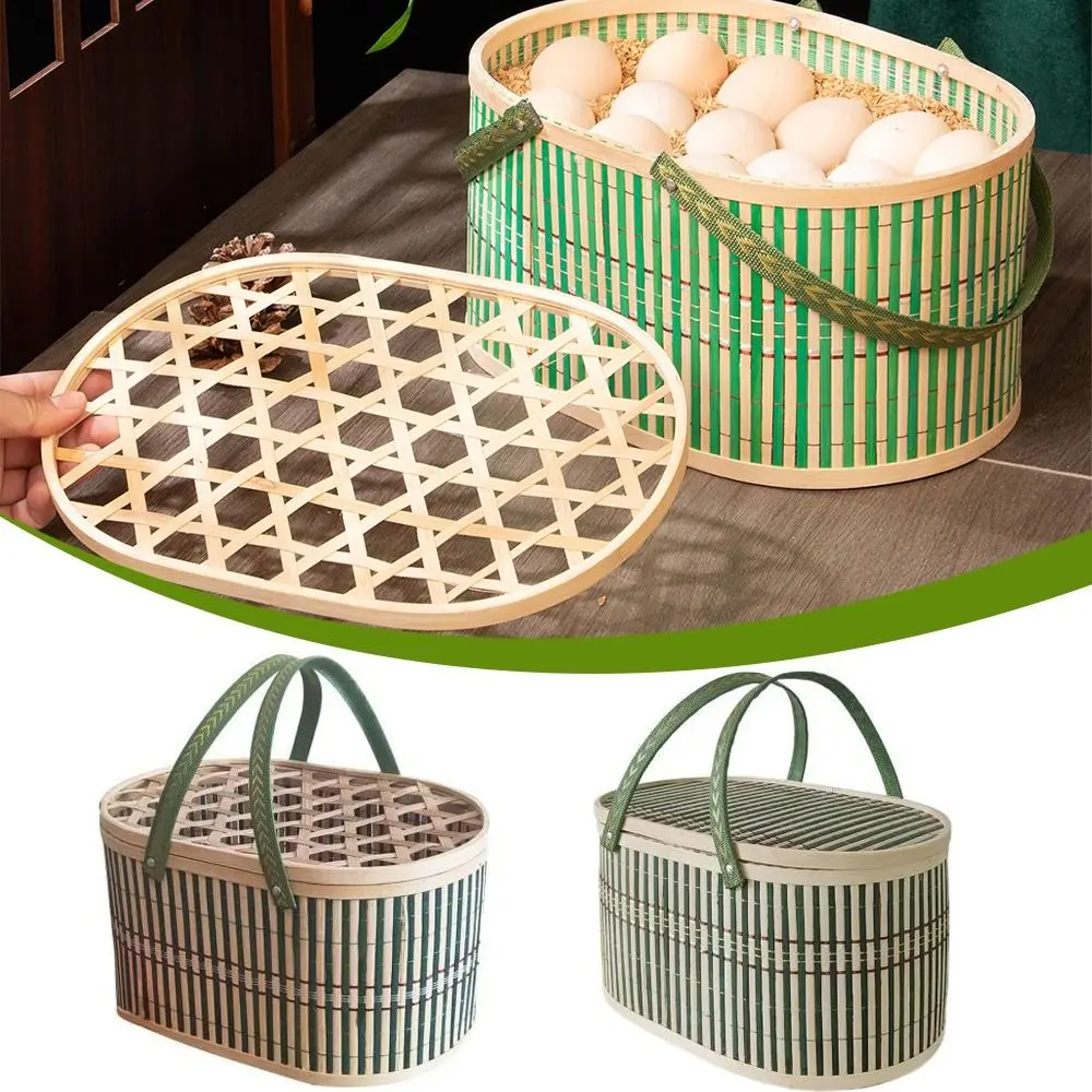 

New Handmade Bamboo Basket Woven with Lid Food Fruit Storage Basket Gift Wrapping Baskets for Mooncake Snacks