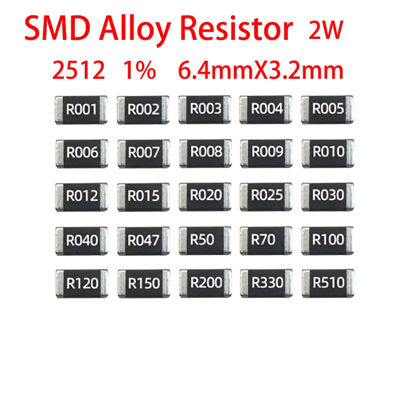 Résistance en alliage SMD 2512, 2W, 1%, R001, R002, R003, RApproche R008, R009, R010, R012, R015, R020, R025, R060, R070, R100, R120, R150, R200, R250, 20 pièces