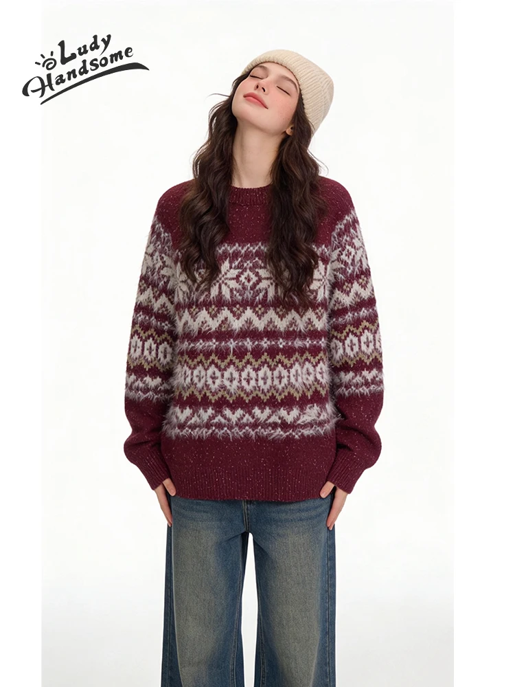 

Новый красный свитер LDHS для женщин: свободный крой, круглый вырез, теплый вязаный джемпер для пар на Новый год, зимний, с длинными рукавами, повседневный, комфортный топ