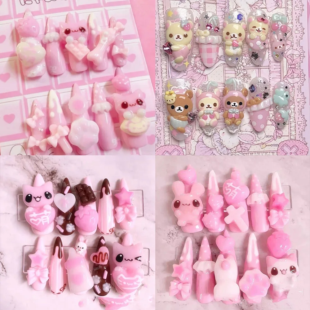 

Cute Retro Japanese Rilakkuma Pink Rabbit Almond Fake Nail 3D Bowknot Star Cat Claw Strawberry Press-On Nails Hand Accessories