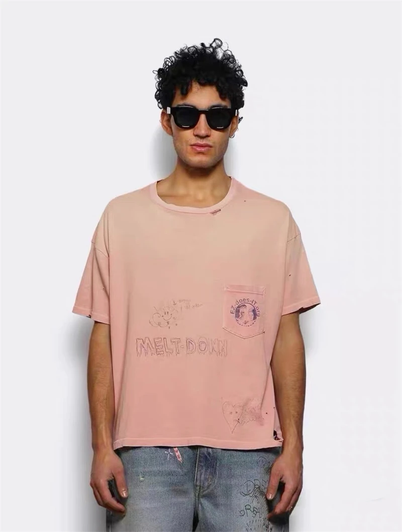 

Винтажная хлопковая футболка PALYHOLLYWO Destruction с короткими рукавами и восковым принтом, универсальная повседневная свободная модная футболка