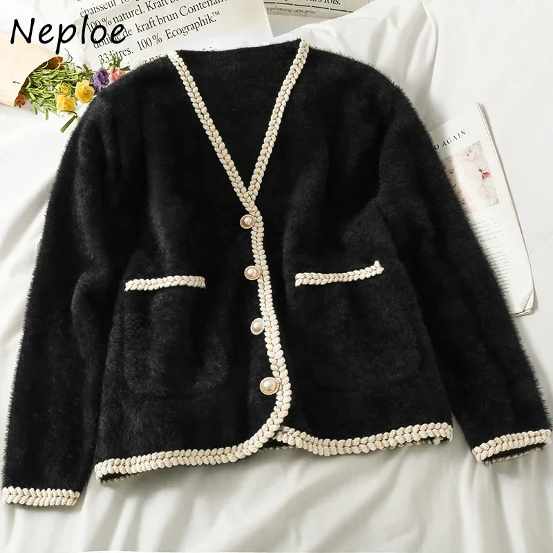 Neploe Bright Silk Edge Single-breasted V-neck Female Cardigan Long Sleeve Sweater Jacket Autumn Loose Office Lady Open Stitch