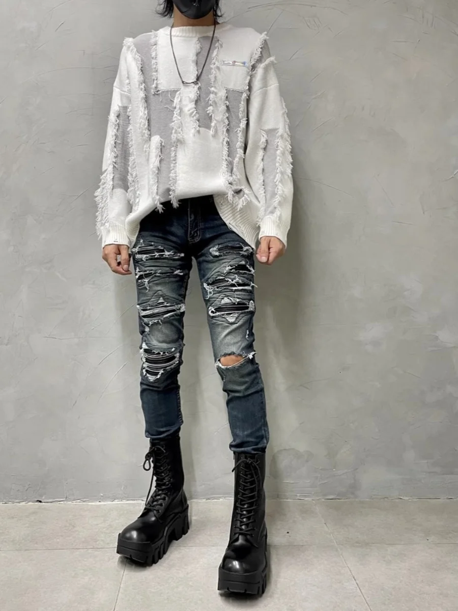 

American Retro Washed Stitching Stretch Slim Jeans Fashion Trendy Skinny Broken Holes Pants Personality Ruan Handsome Boot