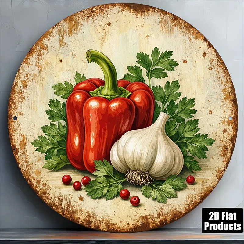 1pc 8*8In/20X20Cm 2D Flat Round Sign, Retro Plaque about Sweet Pepper Garlic, Kitchen Spice Herb Decorative Sign, Suitable for R