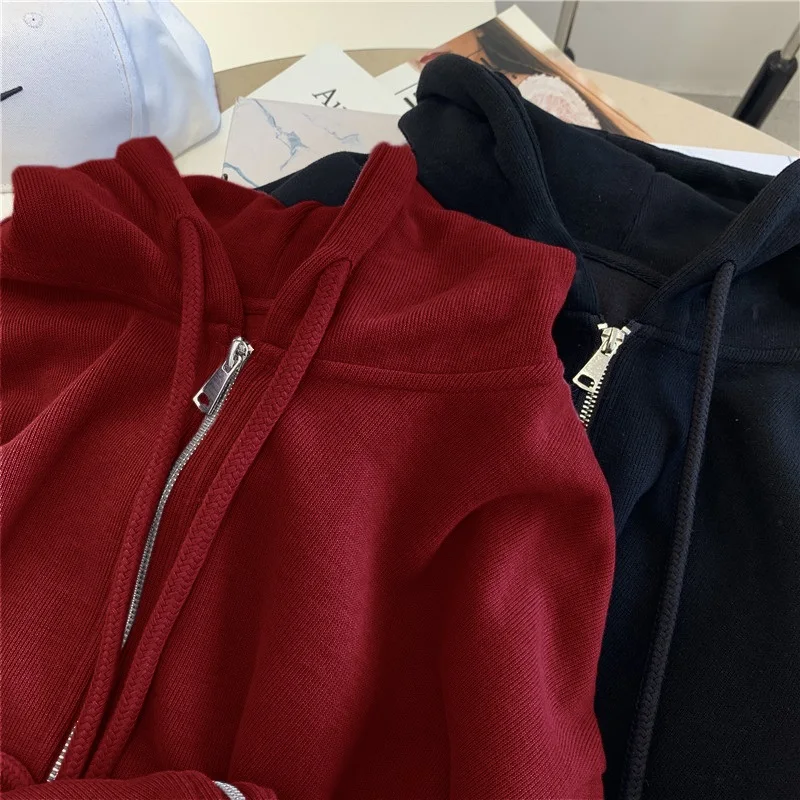 2025 New Hooded Grey Cardigan Hoodie Women's Autumn Winter Loose Lazy Style Zipper Design Solid Color Thin Coat Long Sleeve