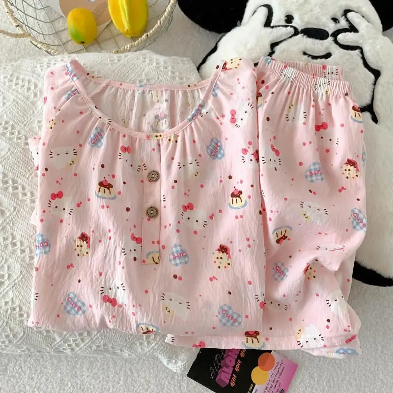 

Комплект пижамы Sanrio Kitty: летние шорты и футболка с коротким рукавом из облачного хлопка для женщин – милый, легкий, можно носить и на улице