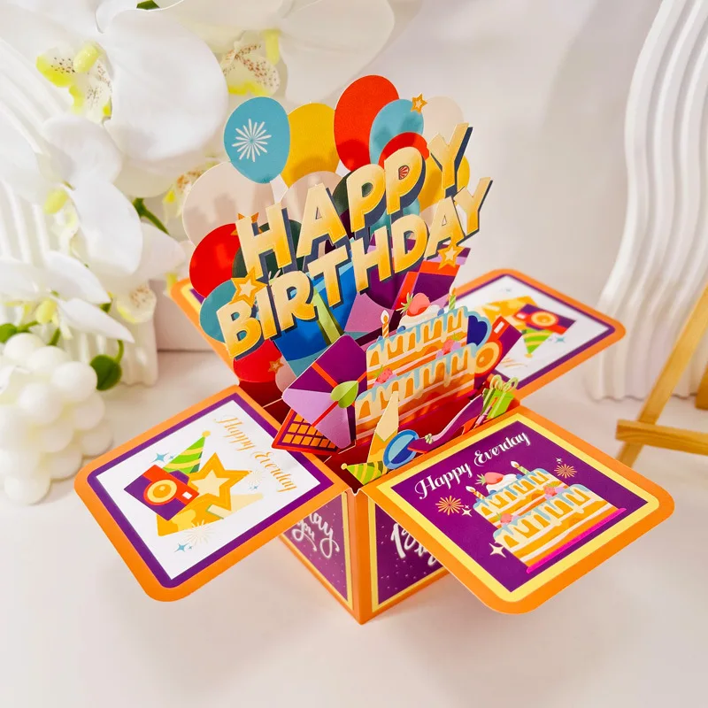 

New Pop-up Happy Birthday 3D Gift Box Greeting Card Birthday Wishes Holiday Universal Gift Cards With Envelope