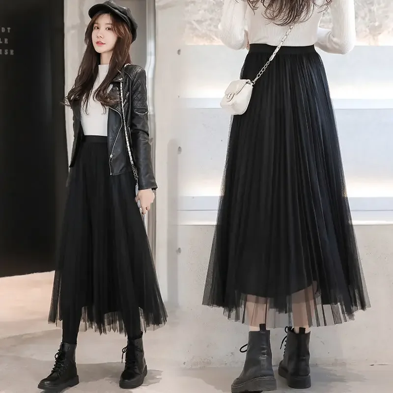 

2024 Autumn and Winter Mesh Halfskirt Mid Length High Waist Slim A Line Skirt Sweet Elegant Pleated Fashion C38