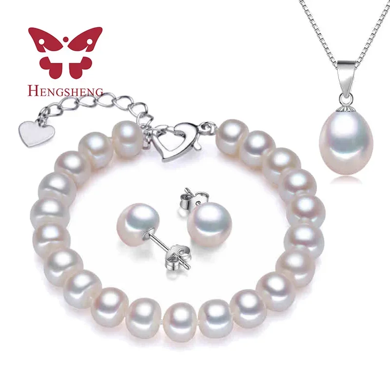 

HENGSHENG Real Pearl Bracelet Pendant Earrings Three Jewelry Sets for Women Pearl Necklace/Earring/Bracelet Wedding Jewelry Set