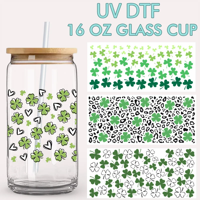 St. Patrick's Day Lucky Shamrock UV DTF Transfer Sticker, 16oz Glass Can Cup Wrap, Leopard Four Leaf Clover DIY Tumbler Decal