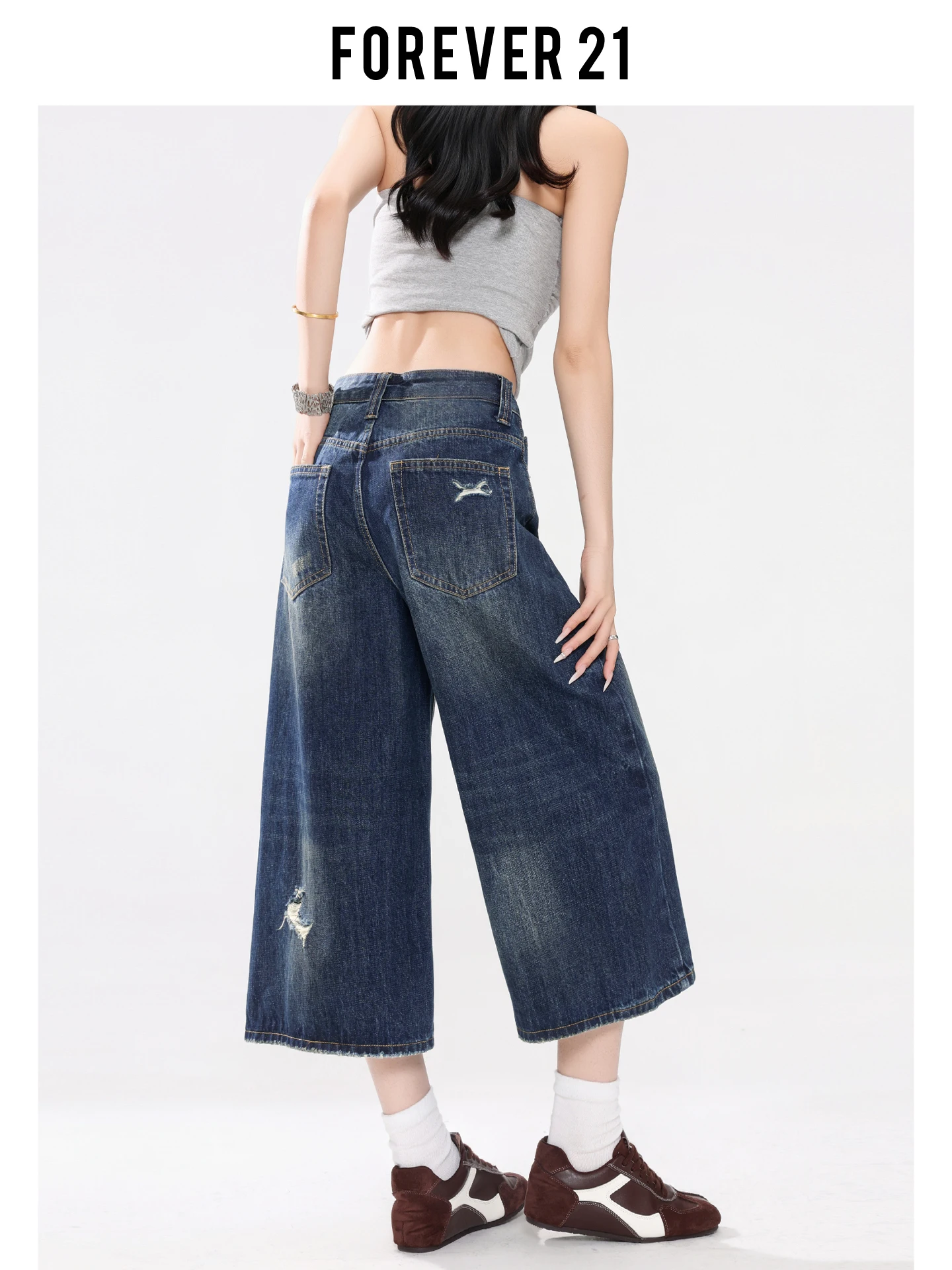 Jeans de Pierna Ancha de Cintura Alta Estilo Americano Forever 21, Jeans Casuales de Verano para Mujer, Color Azul Oscuro, Cintura Alta, Rotos