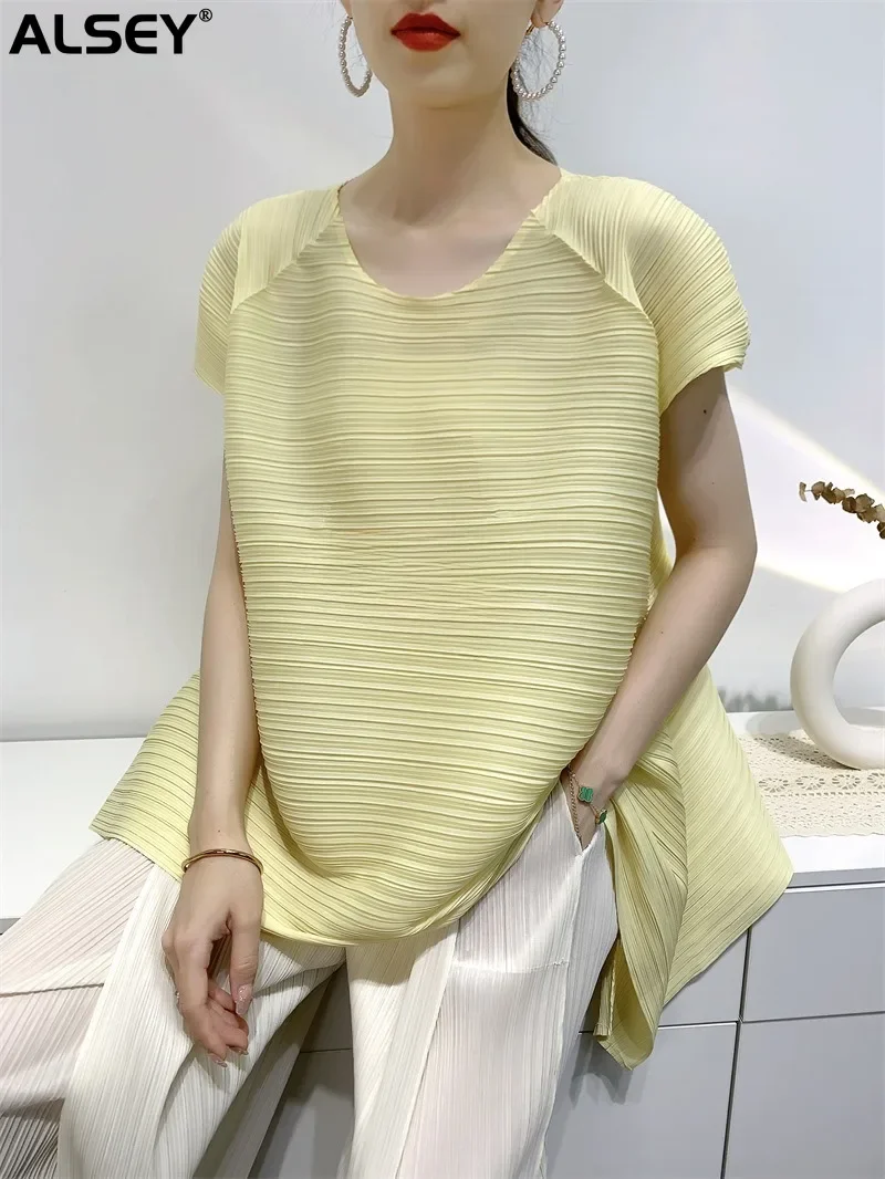 

ALSEY Miyake Casual Women's Tops Solid ColorWoman Clothing Chic Elegant Fashion Woman Blouse Short Sleeve Pleated Women's T