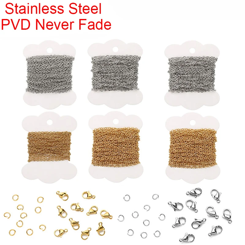 1set Waterproof Stainless Steel Necklace Chains Bulk Lot With Never Fade Lobster Clasps Open Jump Rings for Diy Jewelry Making