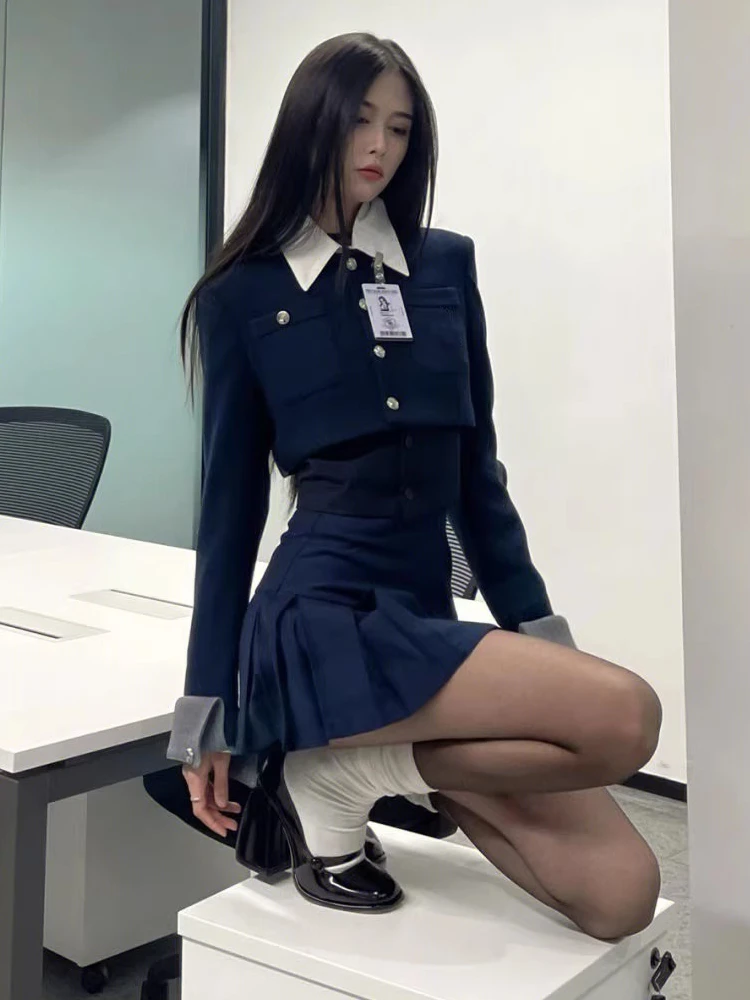 

Street Sle Long Sve Suit Jaet Vest irt Pleated Skirt Four Piece Set Sexy School Girl Outfit Women's Faion Silk Top