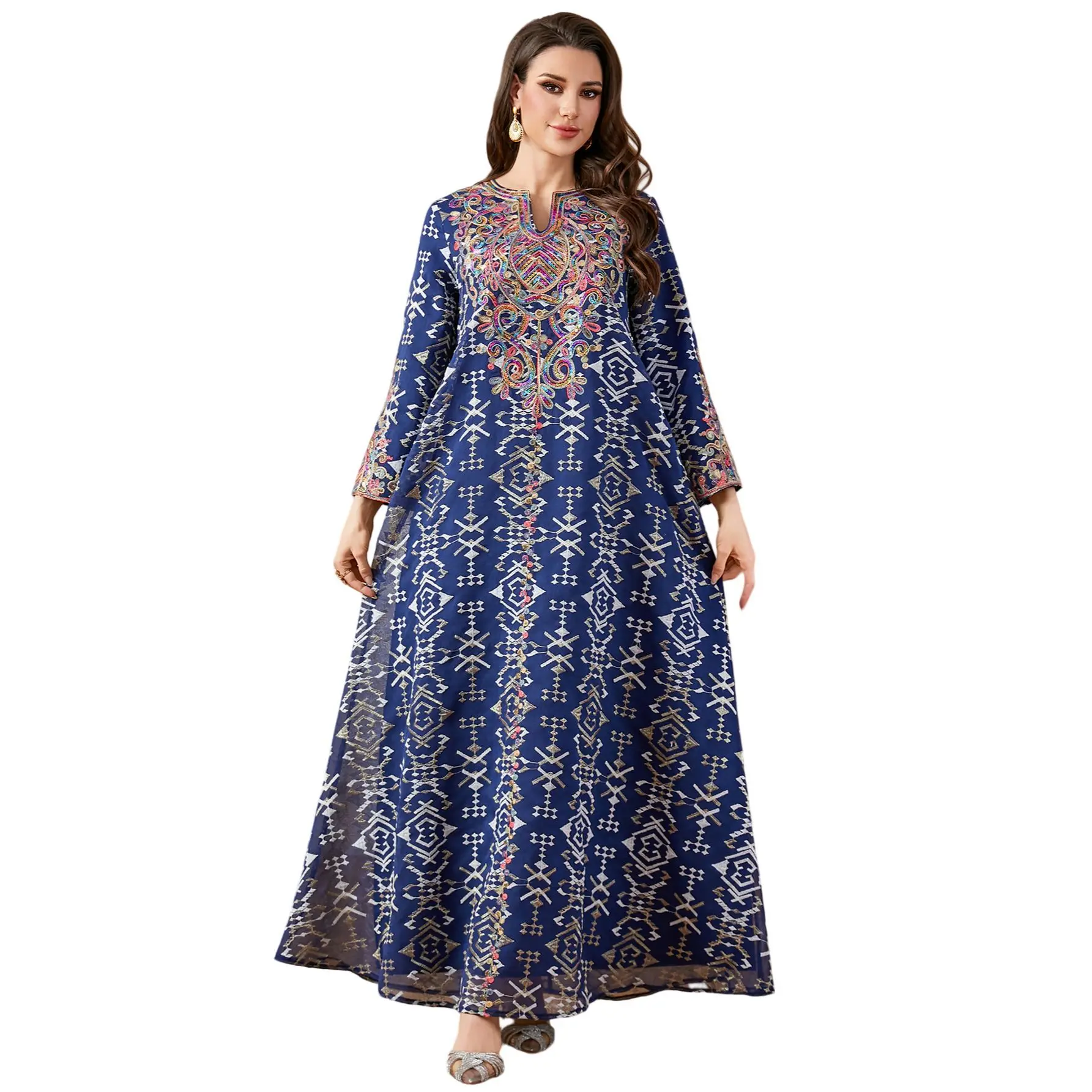 

Muslim Women Embroidered Loose abaya Dresses For Women Morocco Dubai Ramadan Jalabiya Casual Kaftan Turkish Islam Arabic Gown