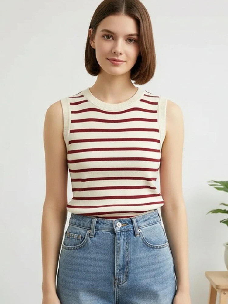 2026 Frühling Sommer Ärmellose Gestrickte T-Shirts Gestreifte Damen Tanktops Crop Tops Elastische Schlanke Freizeit-Westen Pullover Camis