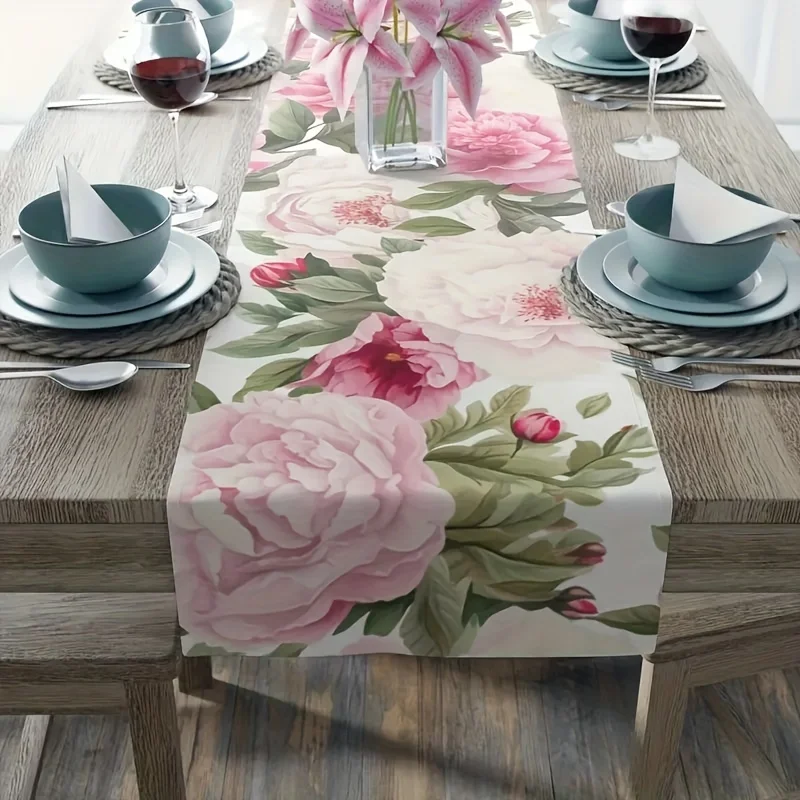 

1pc Polyester Table Runner - Pink Rose & White Watercolor Floral Design, Rectangular Spring Summer Seasonal Decor