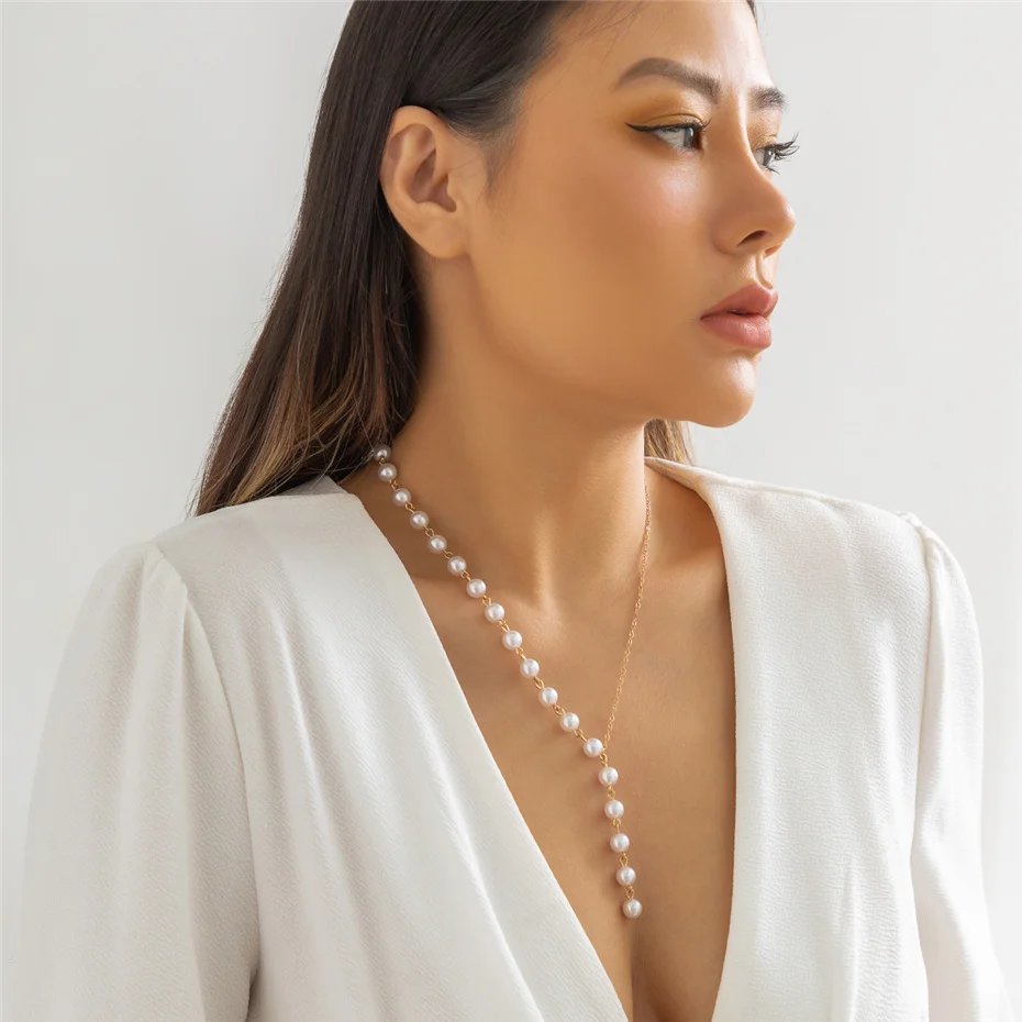 Ingemark Elegante Asymmetrische Imitation Perle Brust Kette Halskette Frauen Mi Braut Kpop Perle Lange Halsband Zubehör Schmuck Neue – Detail 7