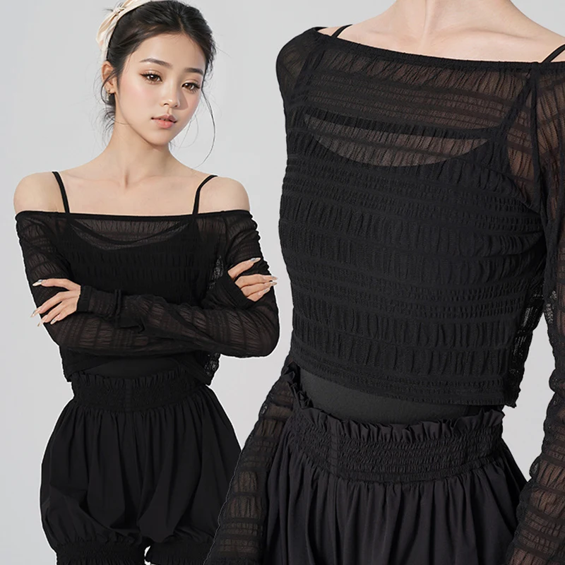 

Women Summer Off-The-Shoulder Ruched Mesh Tops Cover Up Natural Pleated Loose Bottoming Shirt Yoga Ballet Dance Practice Costume