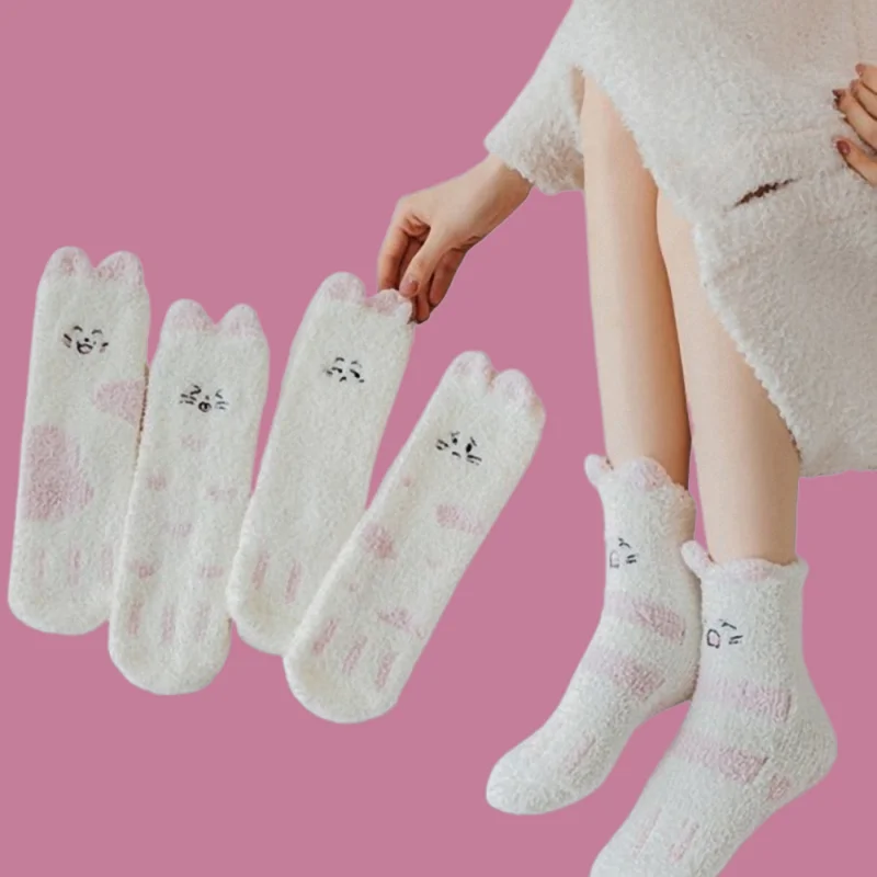 

5/10 Pairs Winter Socks For Women Winter Half-velvet Cute Cat Thick Warm Sleeping Towel Breathable Socks Confinement Socks