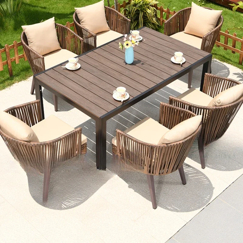 Table and chair rattan chair courtyard open-air coffee outdoor leisure rattan plastic wood garden table and chair combination