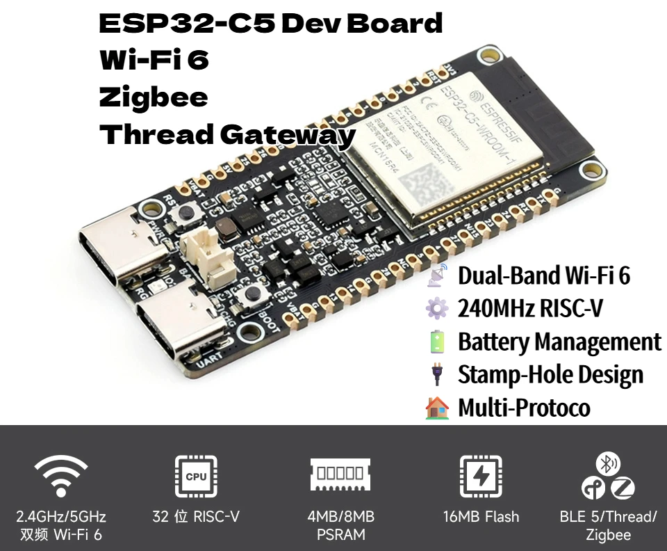 ESP32-C5 Dual-Band Wi-Fi 6 & BLE 5 Development Board, Zigbee/Thread Gateway, 16MB Flash, 8MB PSRAM, Type-C, for IoT Hub