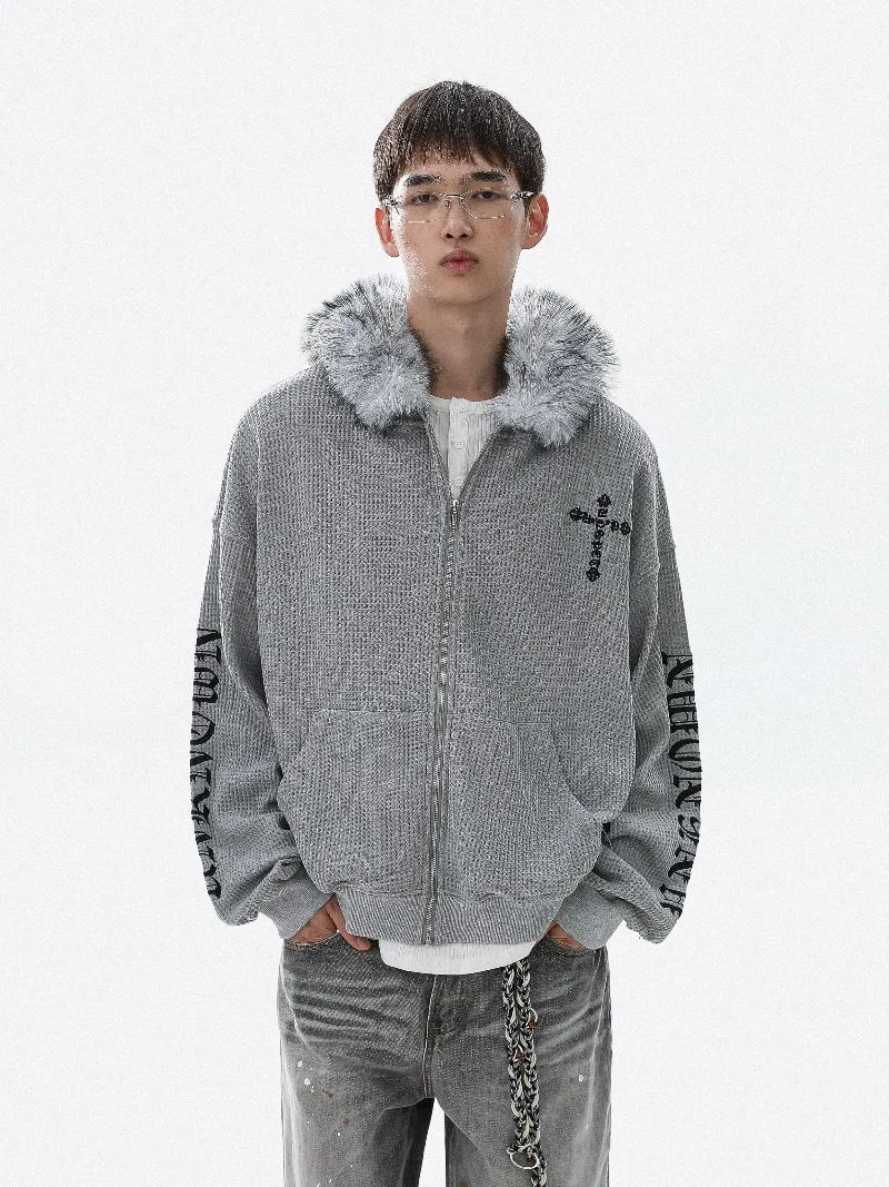 American Style Y2K Subculture Gothic Embroidered Fur Collar Cardigan Sweatshirt Youth Trendy Hooded Winter Coat Couple Matching