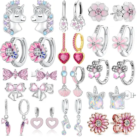 Kolczyki sztyfty z kokardką w kształcie kwiatka, srebro próby 925, błyszczące, urocze, różowe serce, muszla, kolczyki koła, kamień szlachetny, gruszka, pióro, delikatna biżuteria, prezent dla kobiet